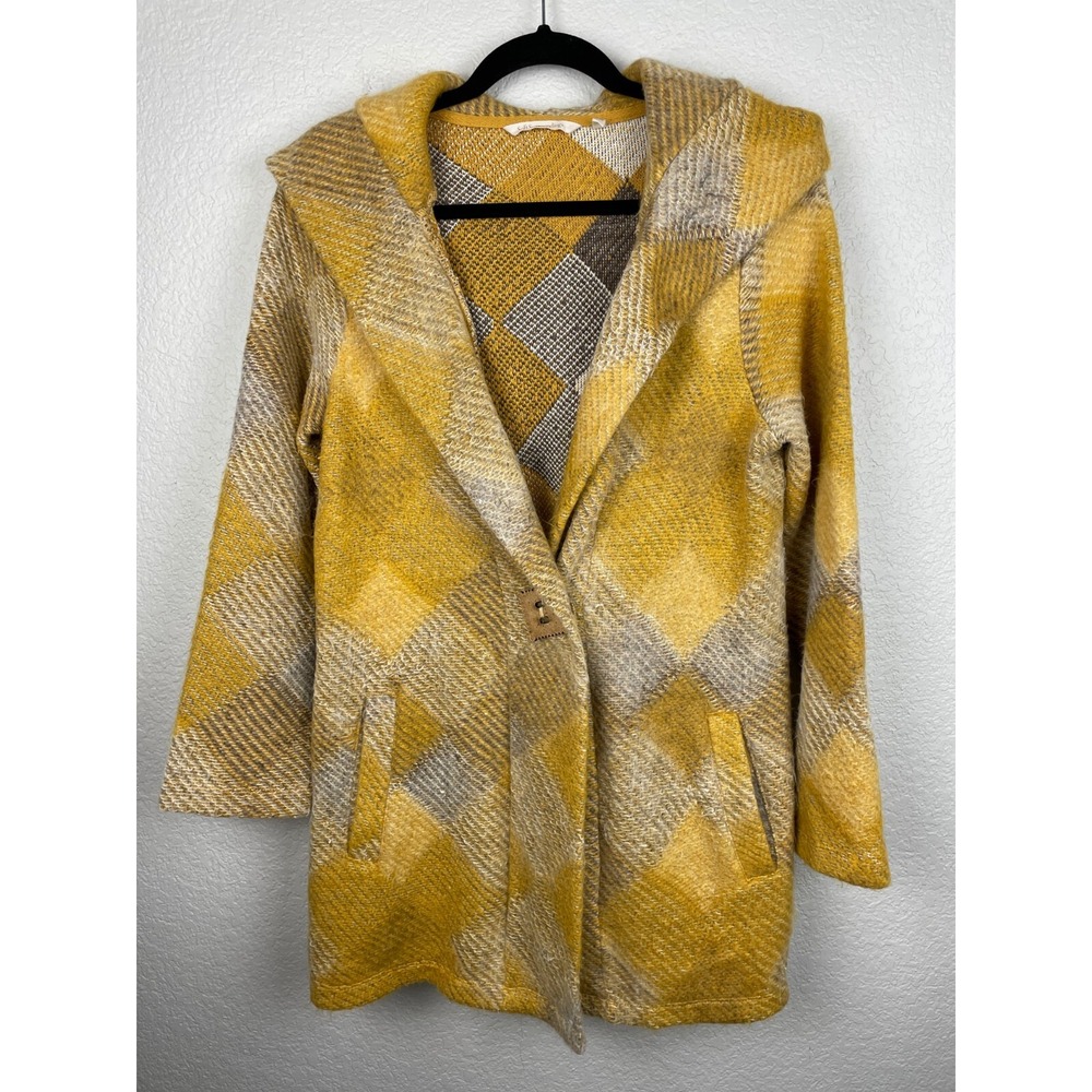 Soft Surroundings Womens Medium Plaid Hooded Cardigan Fuzzy Sweater Coat Yellow